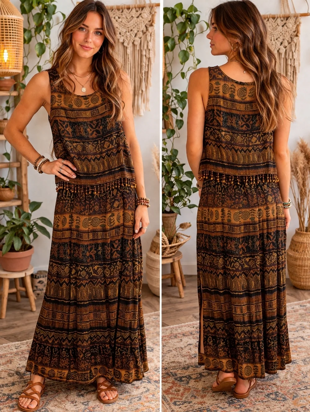 Earth Song Petite Boho Maxi Dress Brown Tribal Print Beaded Hem Size 2P - Picture 1 of 9